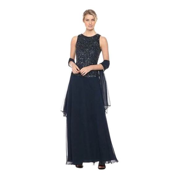 JKARA Navy Sequin Mother of Bride Evening Gown - Picture 1 of 13